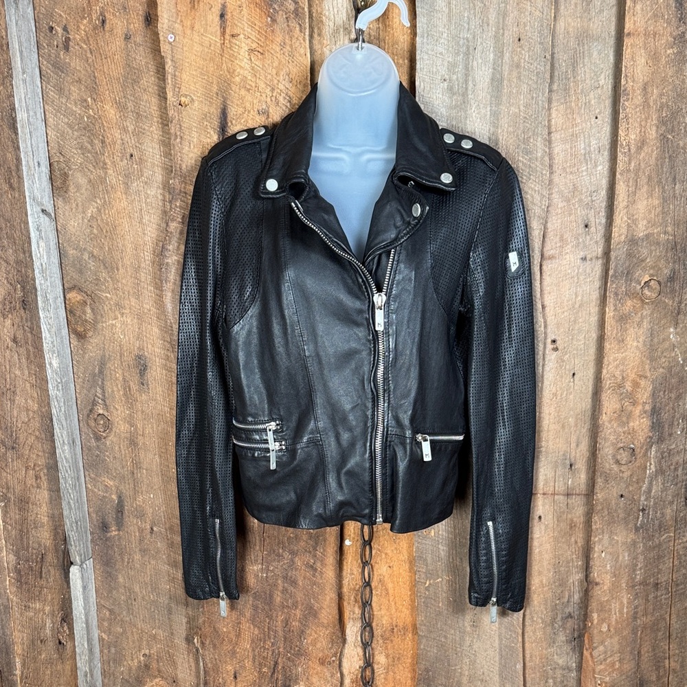 Mauritius Black Genuine Leather Perforated Moto Jacket